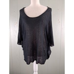 NYC Open Knit Sweater XL Wide Sleeves Black Asymmetrical Drapey Cold Shoulder